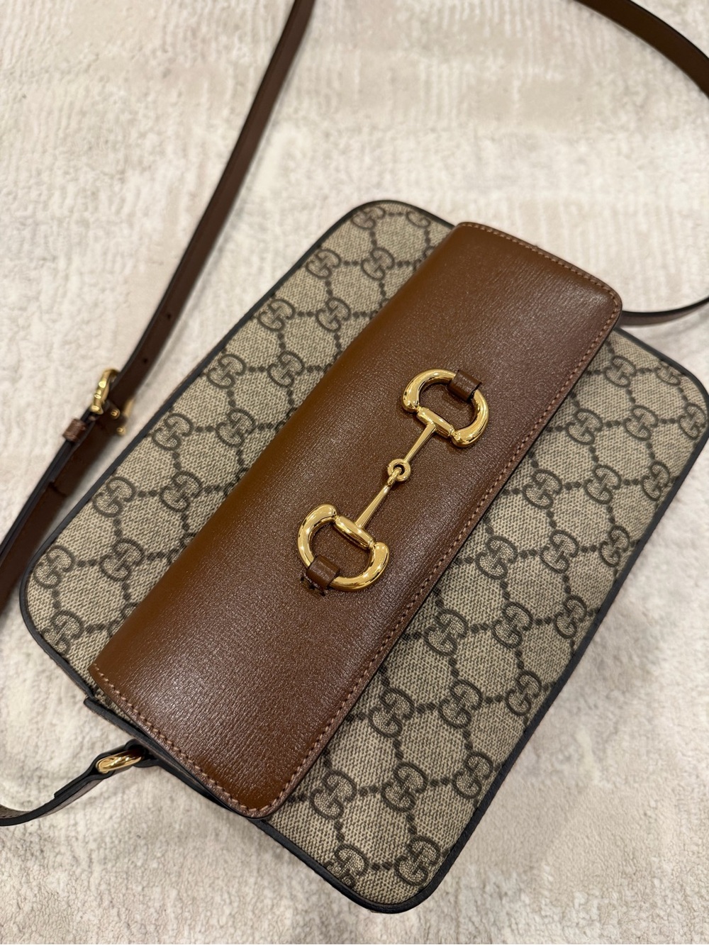 GG Supreme Monogram Small Horsebit 1955 Shoulder Bag Beige Brown Sugar